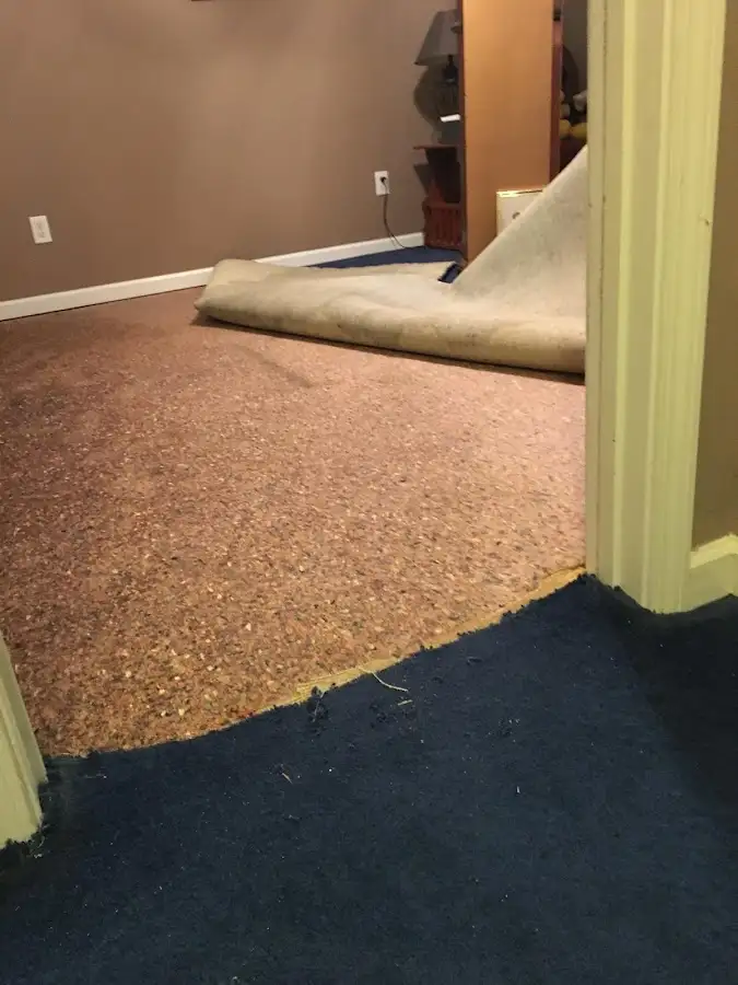 Carpet pad removal revealing water damage during Water Mitigation Services in Coshocton
